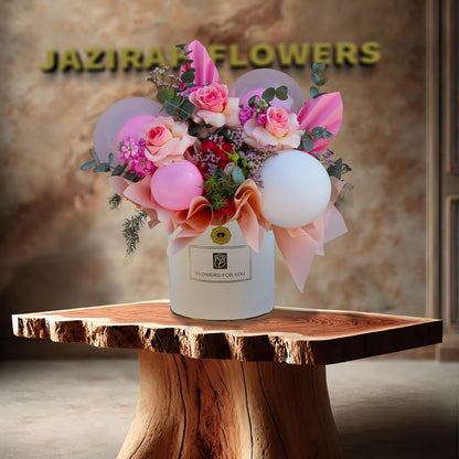 New Baby Girl Flower Box – Elegant Pink Roses with Balloons | Jazirah Flowers UAE
