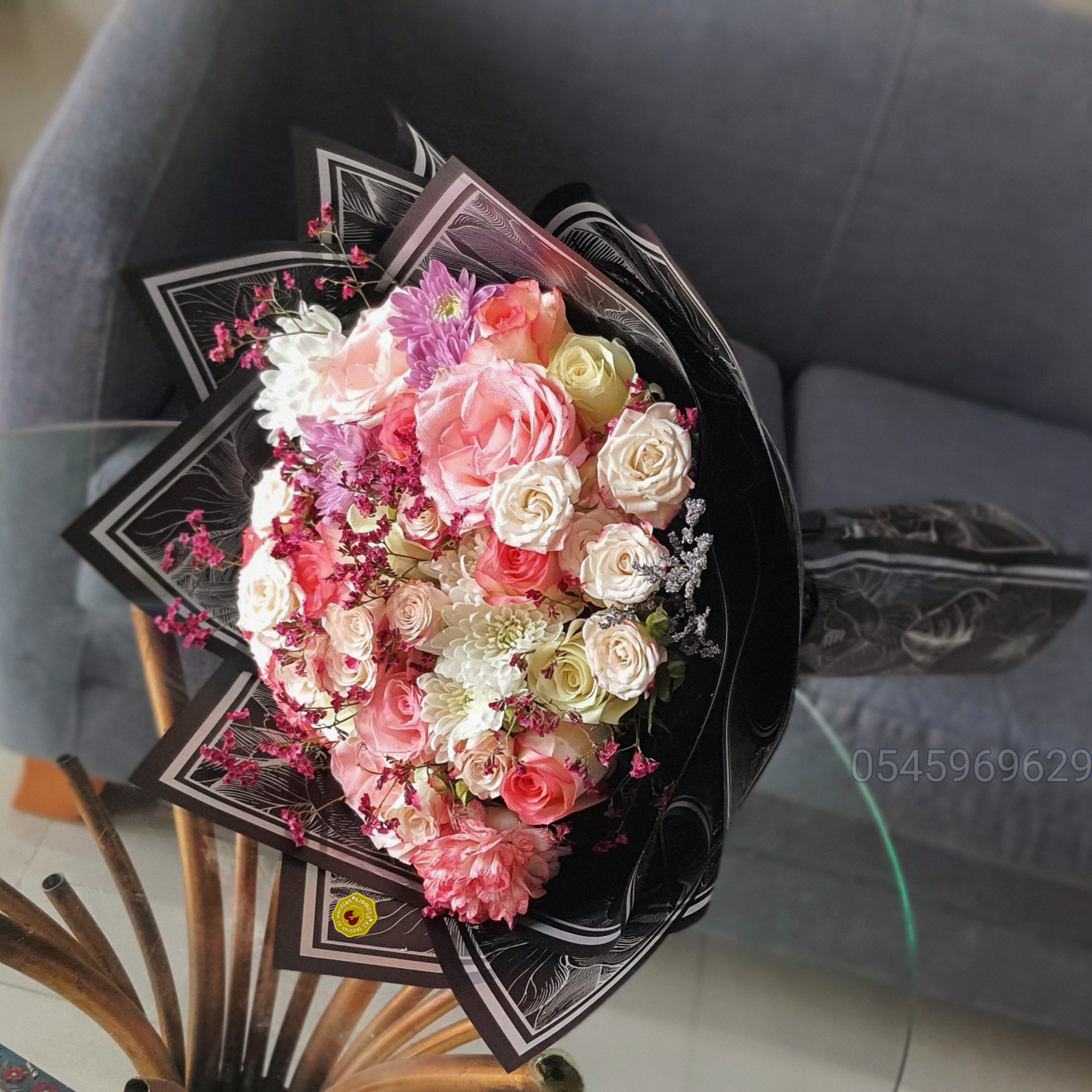 Elegant Pink & White Flowers Bouquet with Black Wrapping – Luxury Floral Gift