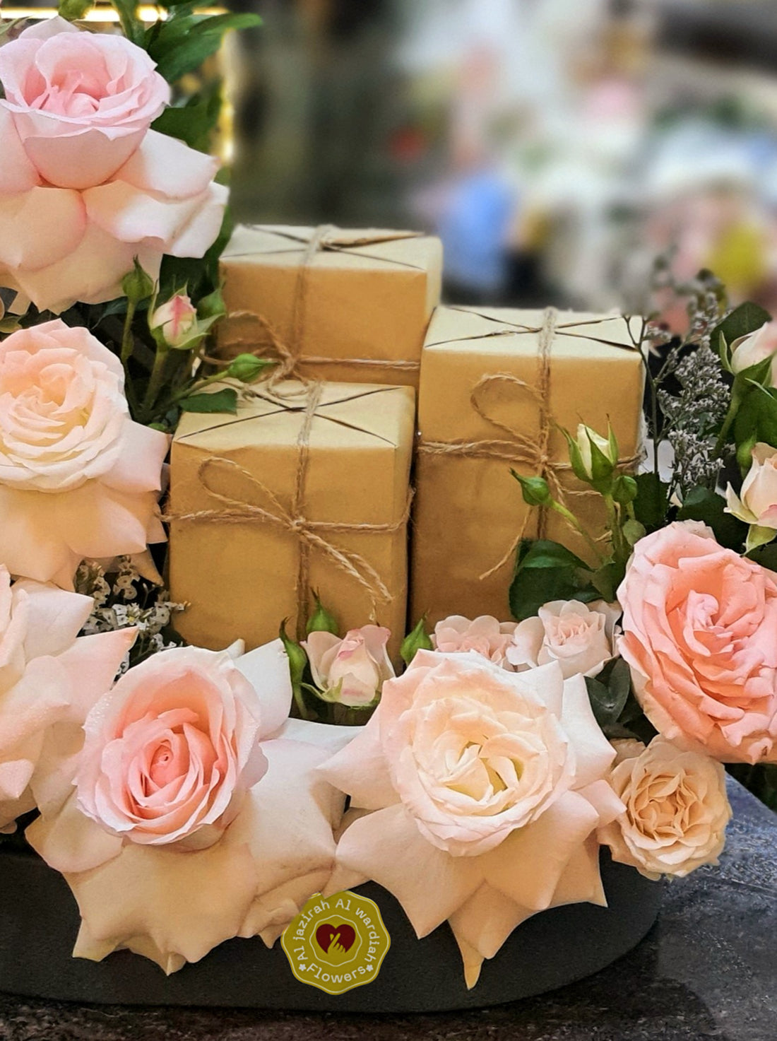 luxury perfume and fresh flower arrangement in a tray