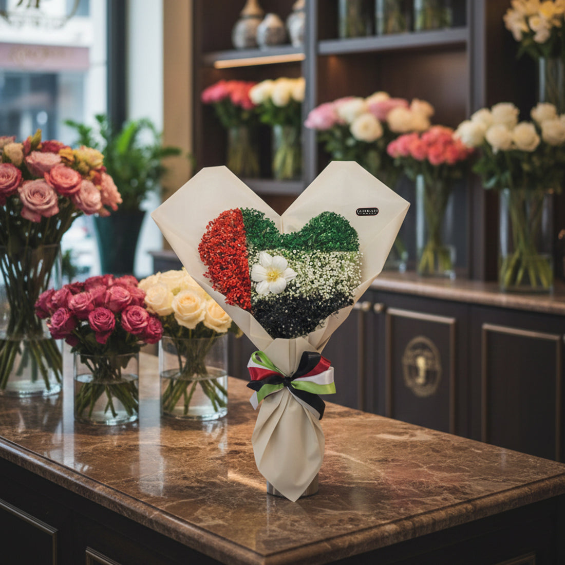 UAE National Day Heart-Shaped Gypsophila Bouquet – Red, Green, White & Black Flowers