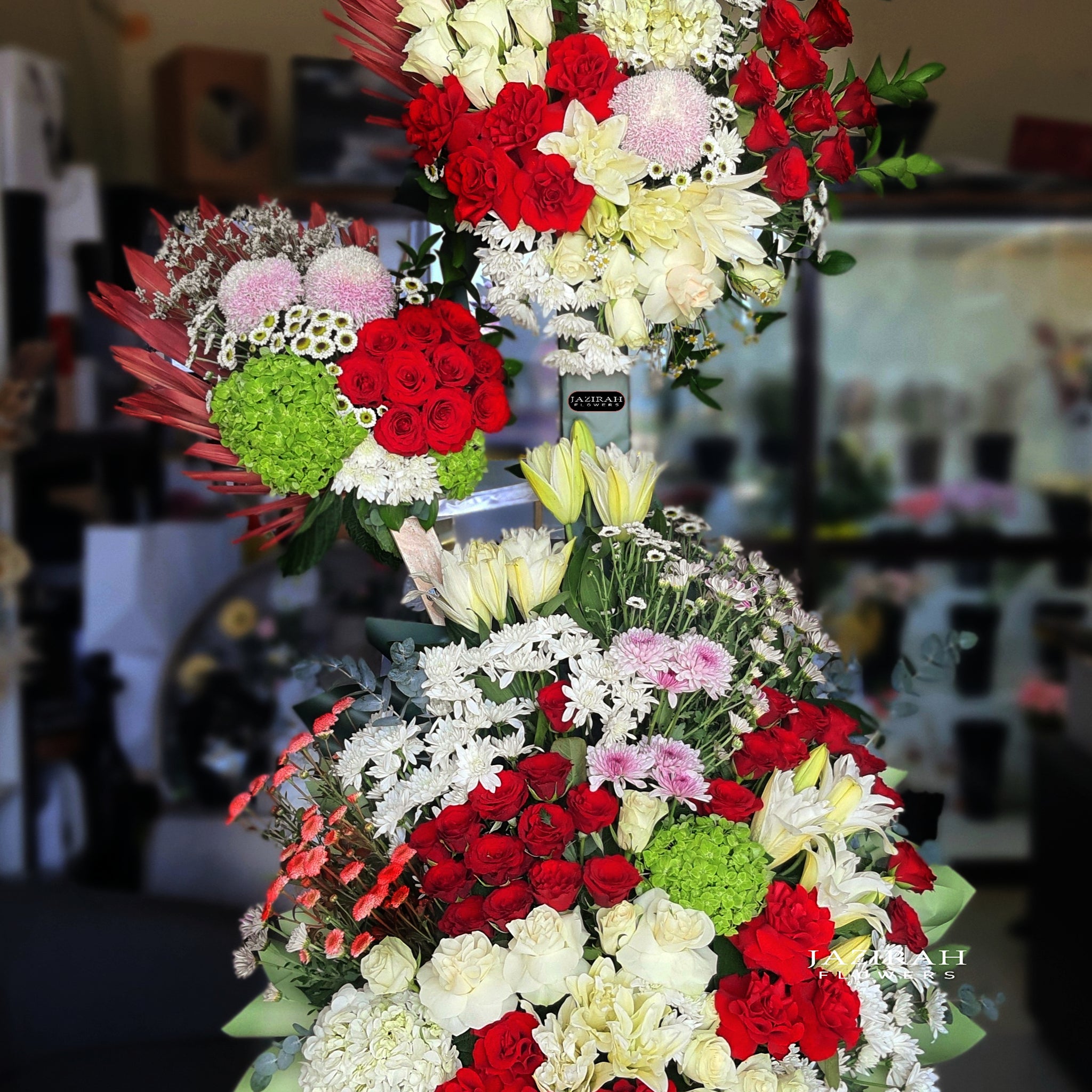 Elegant Standing Flower Stand – Red & White Roses, Lilies & Hydrangeas