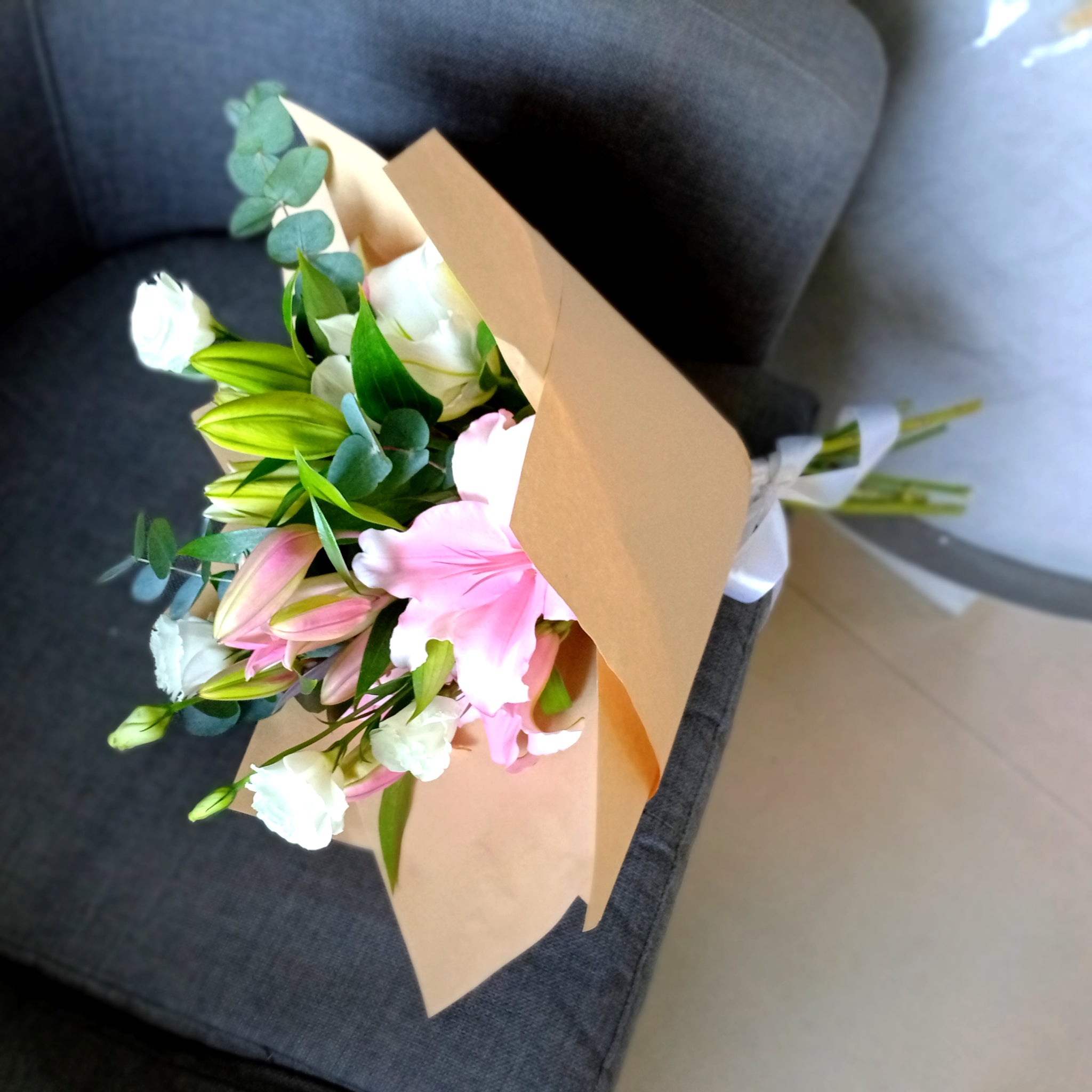 Elegant Pink Lily & White Rose Bouquet | Fresh Hand-Tied Flowers UAE