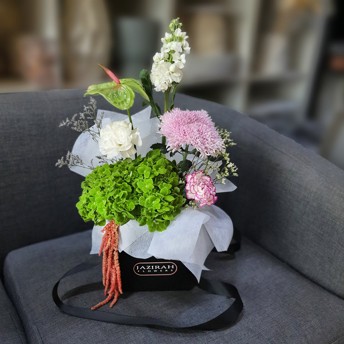 Green & Pink Luxury Flower Bag – Hydrangea, Chrysanthemums & White Blooms | Jazirah Flowers UAE