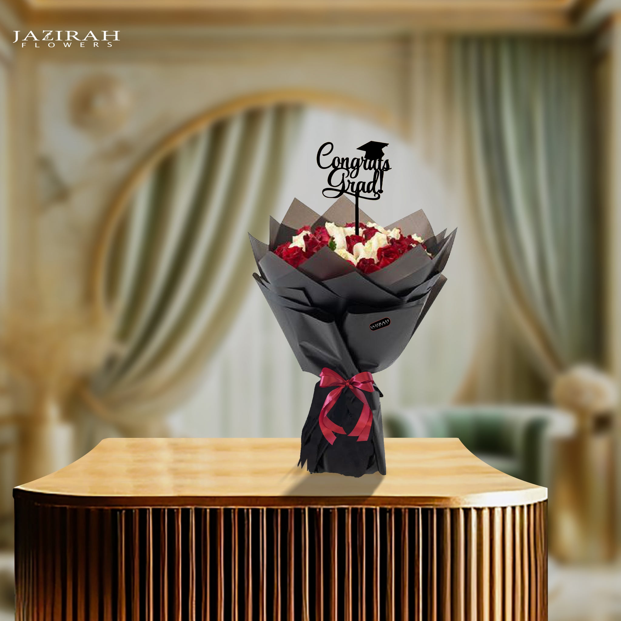 Graduation Flower Bouquet | Red & White Roses with "Congrats Grad" Topper – Jazirah Flowers UAE