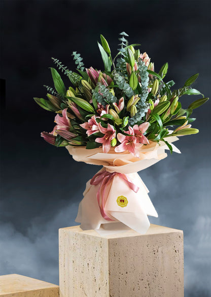 Pink Lily with eucalyptus bast bouquet dubai