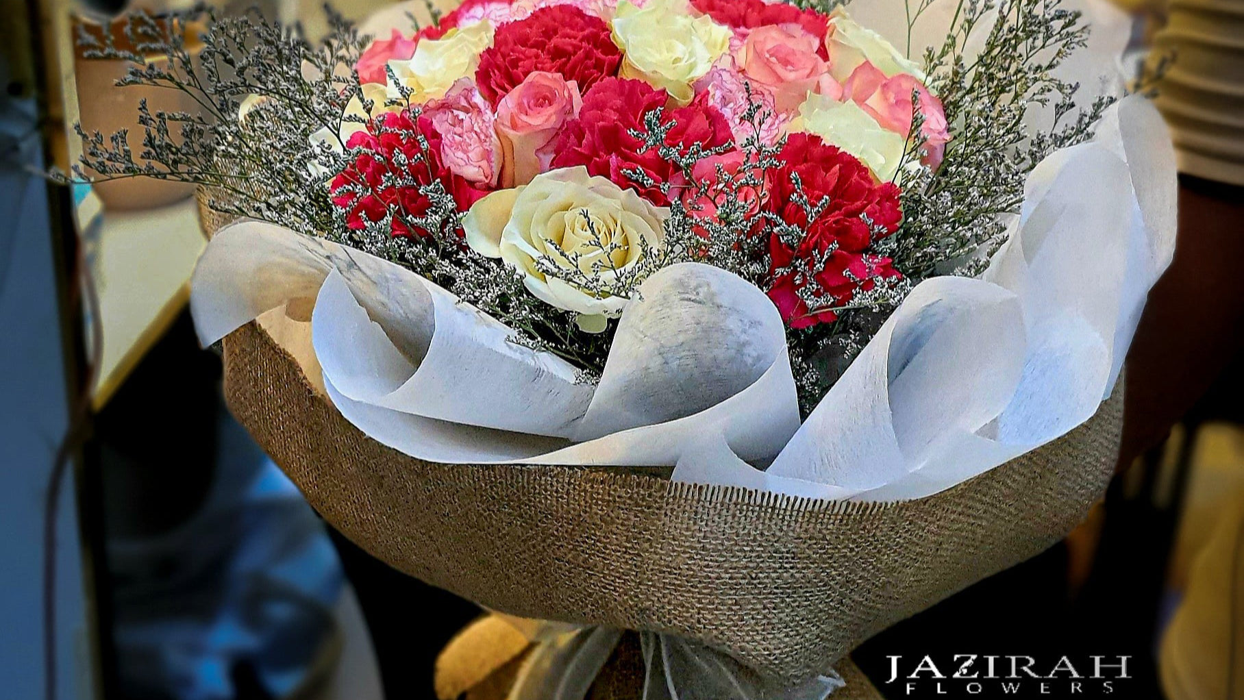 Magenta, White & Light Pink Roses with Carnations – Hand-Tied Jute Bouquet | Fresh Flowers UAE