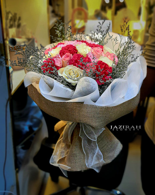 Magenta, White & Light Pink Roses with Carnations – Hand-Tied Jute Bouquet | Fresh Flowers UAE