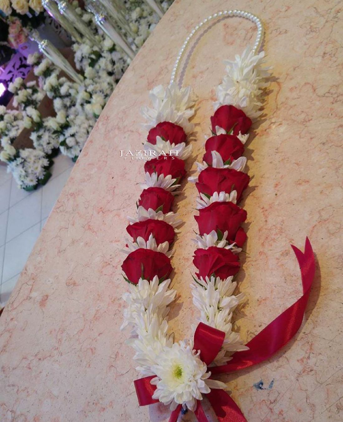 Fresh Flower Garland Necklace with Red Roses & Pink Chrysanthemums