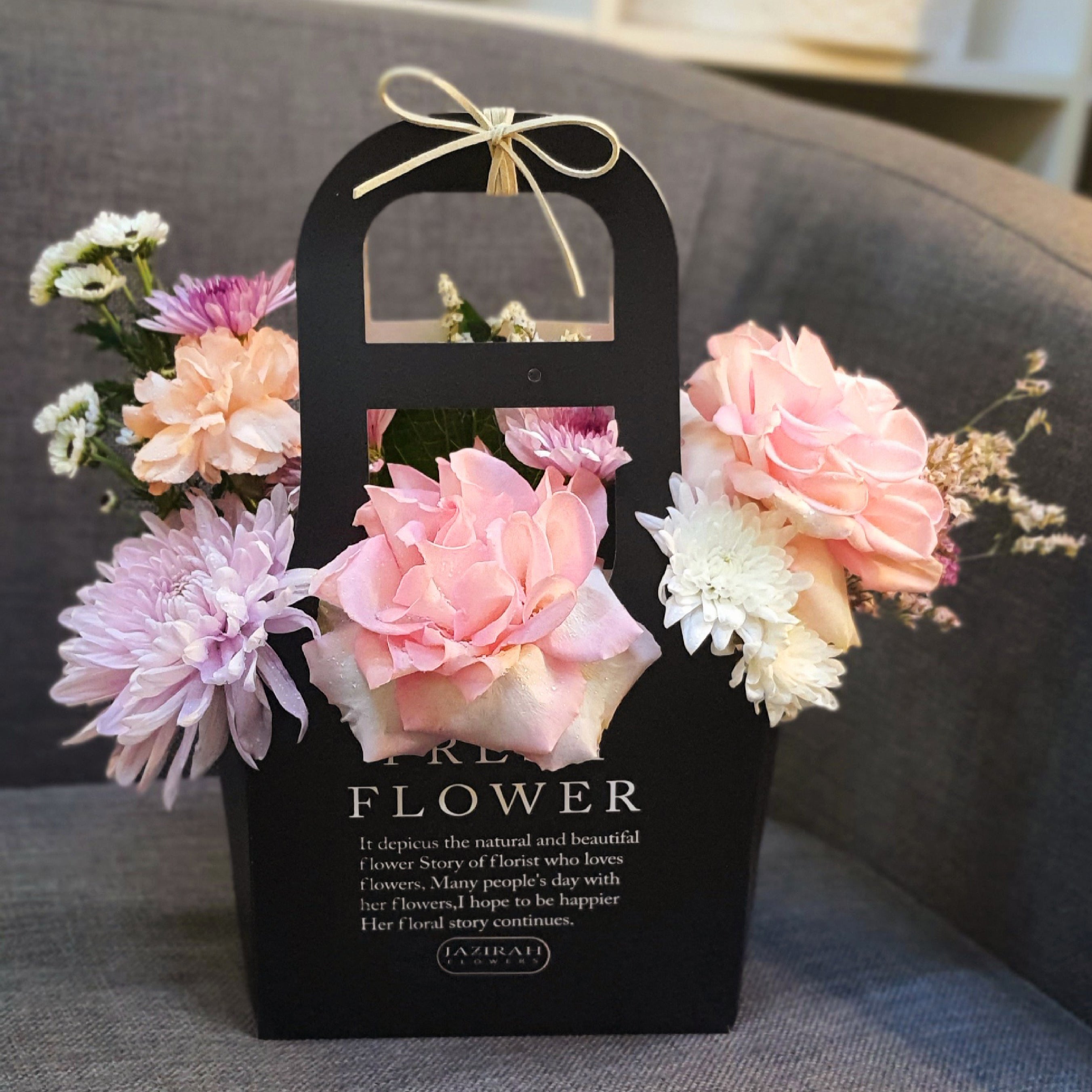 Elegant Pink & Peach Fresh Flower Bag – Handcrafted Floral Arrangement