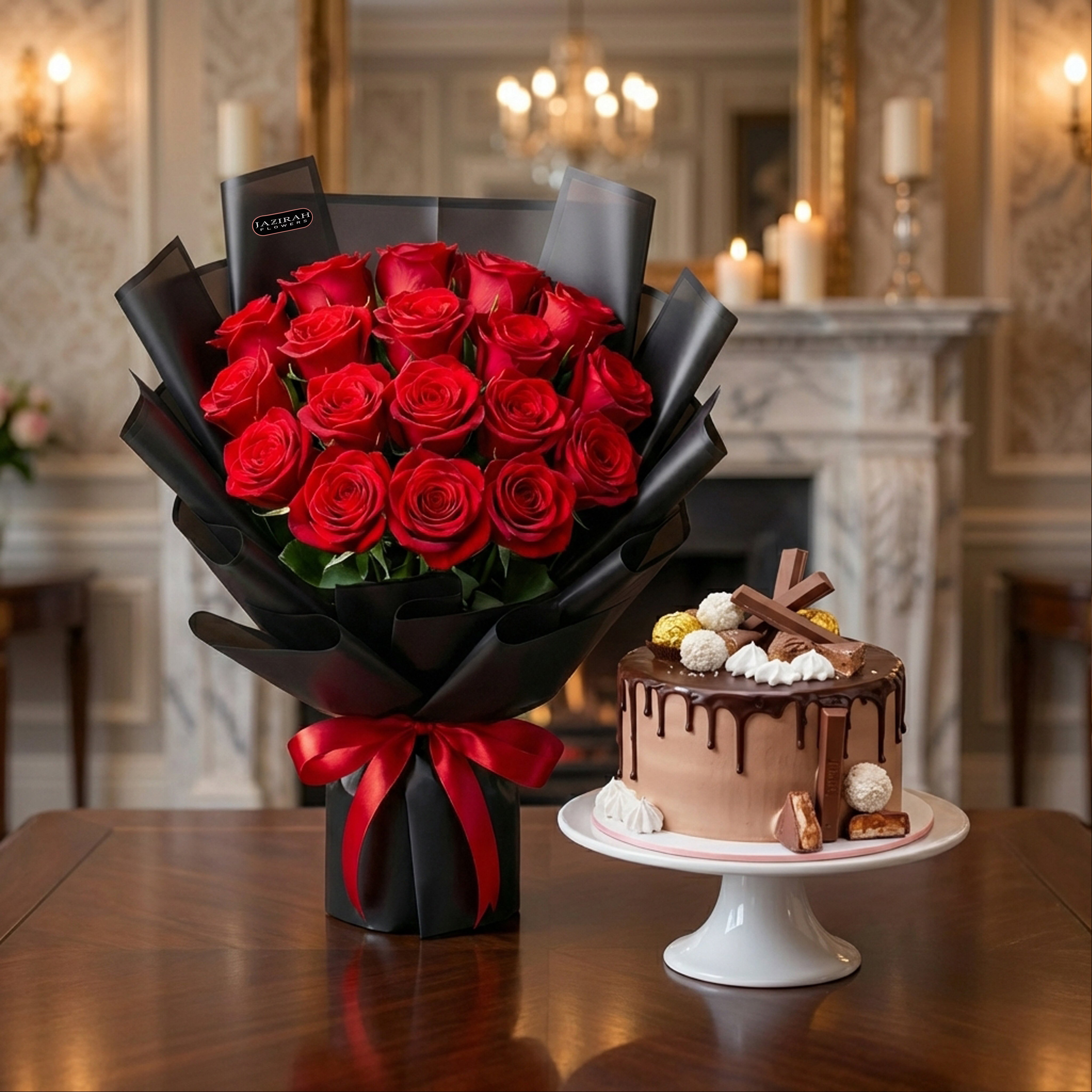 Luxury Red Roses Bouquet with Chocolate Cake | Romantic Gift Combo UAE