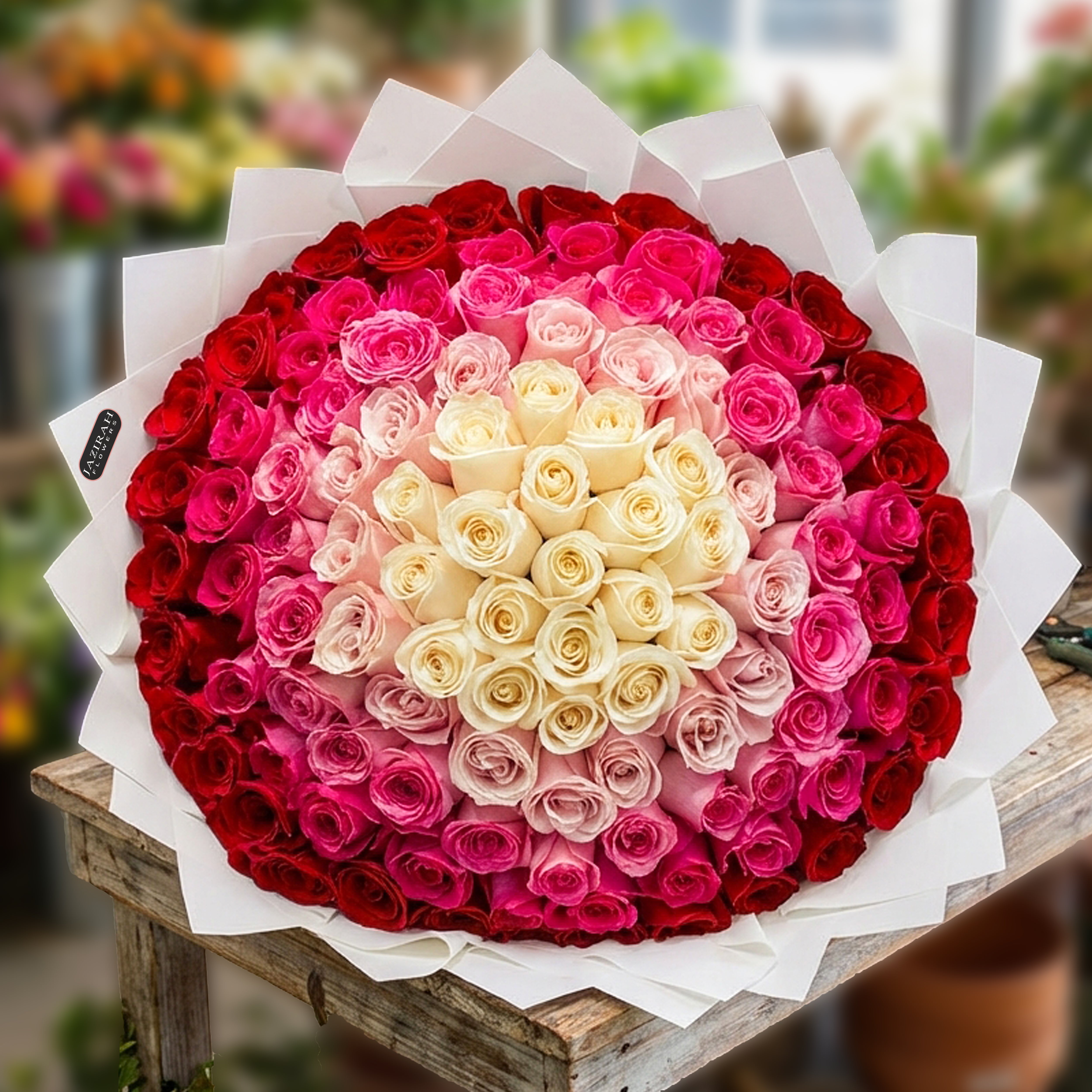 Rainbow Round Rose Bouquet – Luxury Hand-Tied 101 Roses for All Occasions