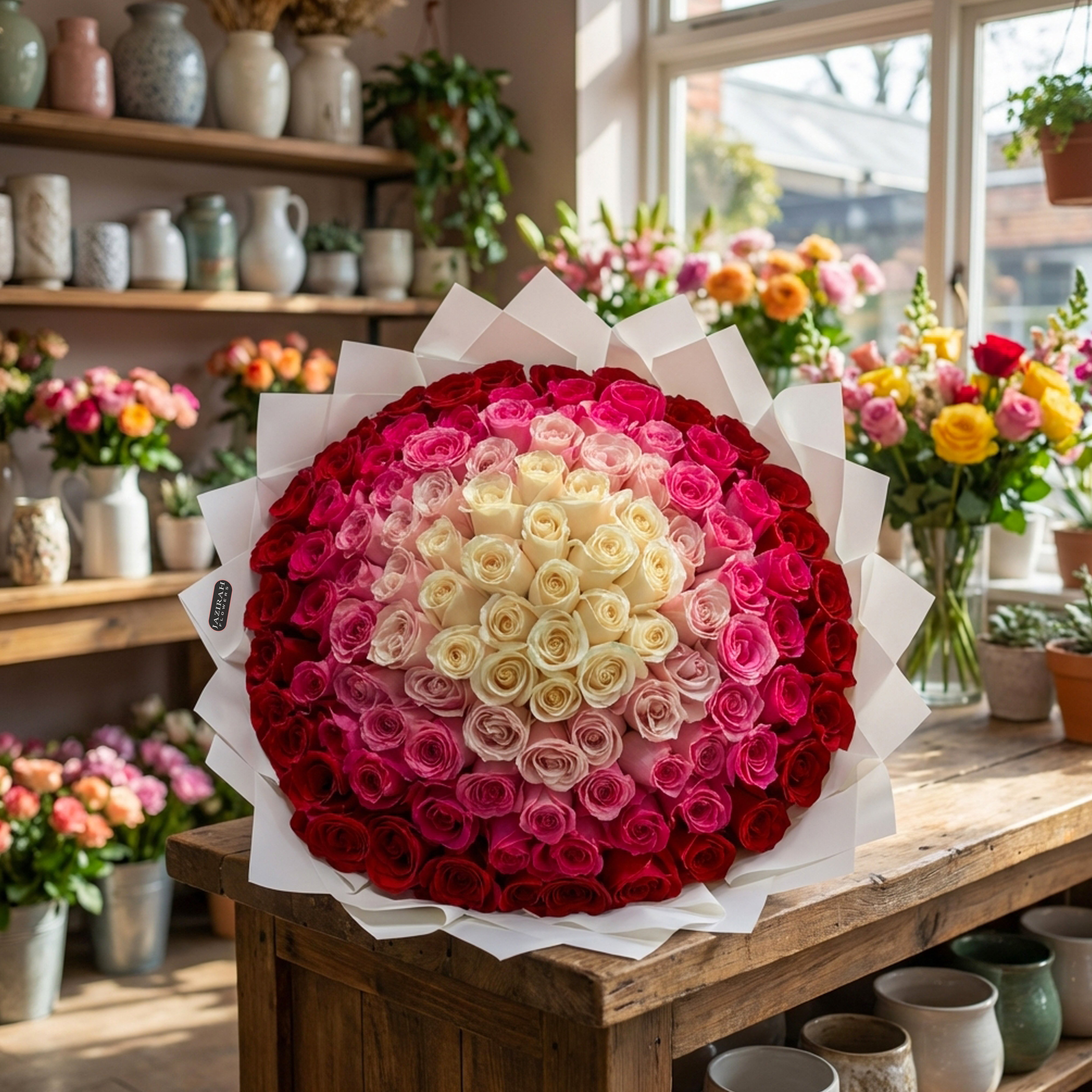 Rainbow Round Rose Bouquet – Luxury Hand-Tied 101 Roses for All Occasions