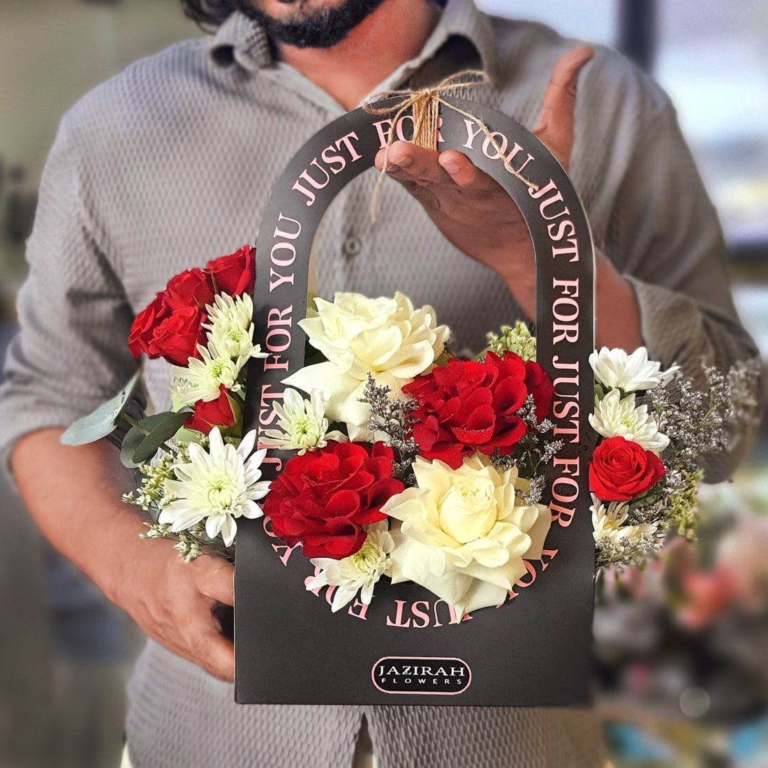 Red & White Flower Bag Bouquet – Fresh Roses & Chrysanthemums | Jazirah Flowers UAE