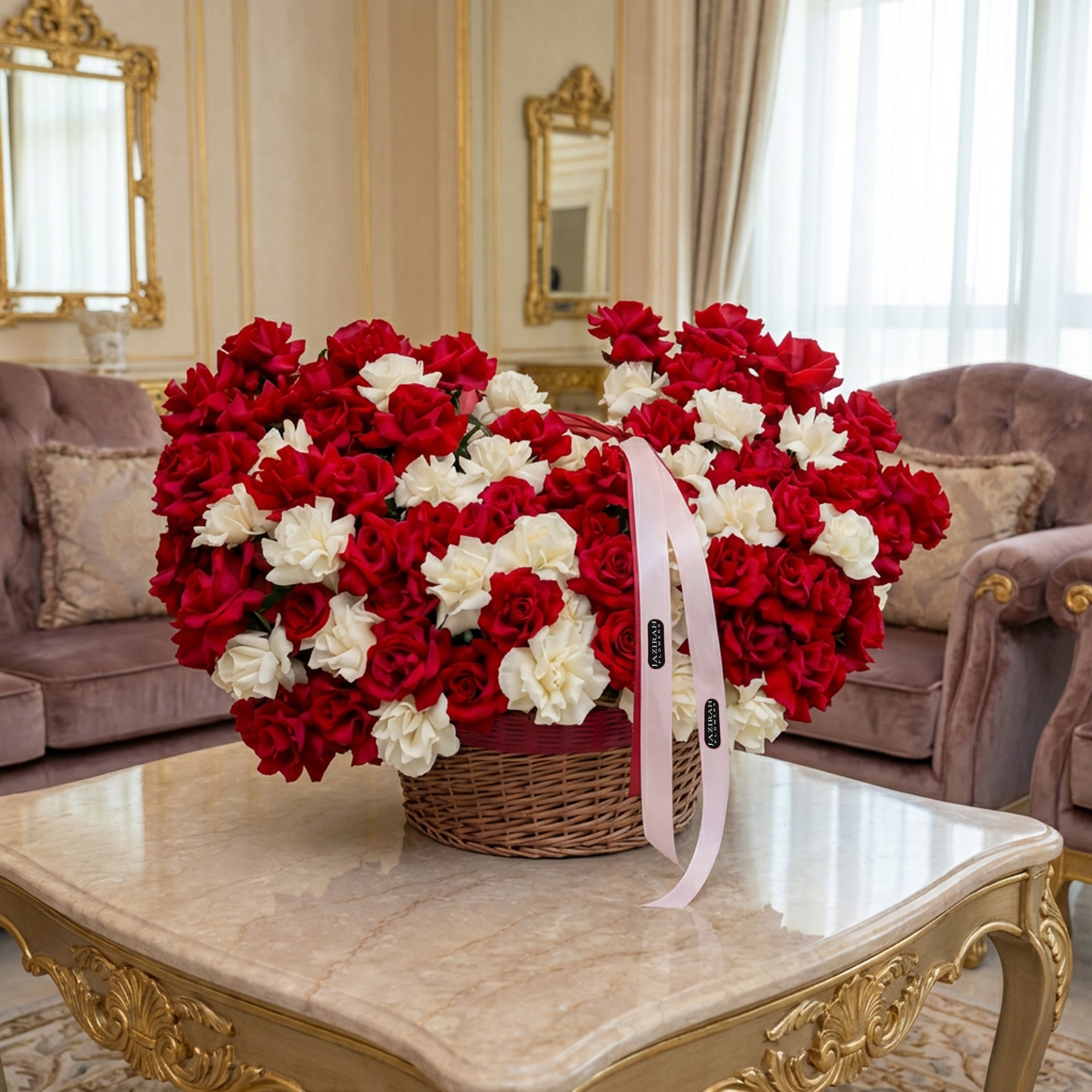 Royal Red & White Rose Symphony Basket | Fresh Hand-Picked Roses by Jazirah Flowers