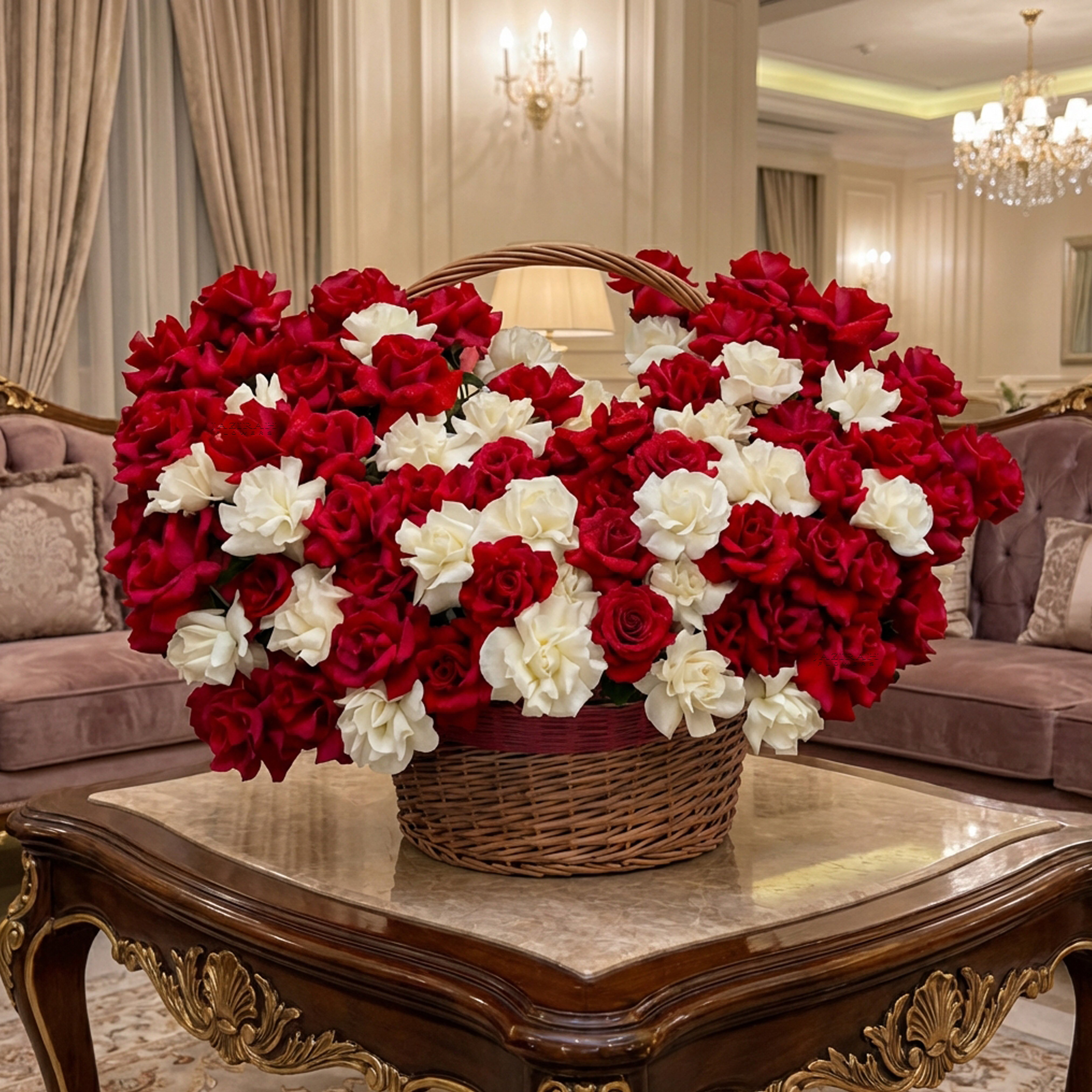 Royal Red & White Rose Symphony Basket | Fresh Hand-Picked Roses by Jazirah Flowers