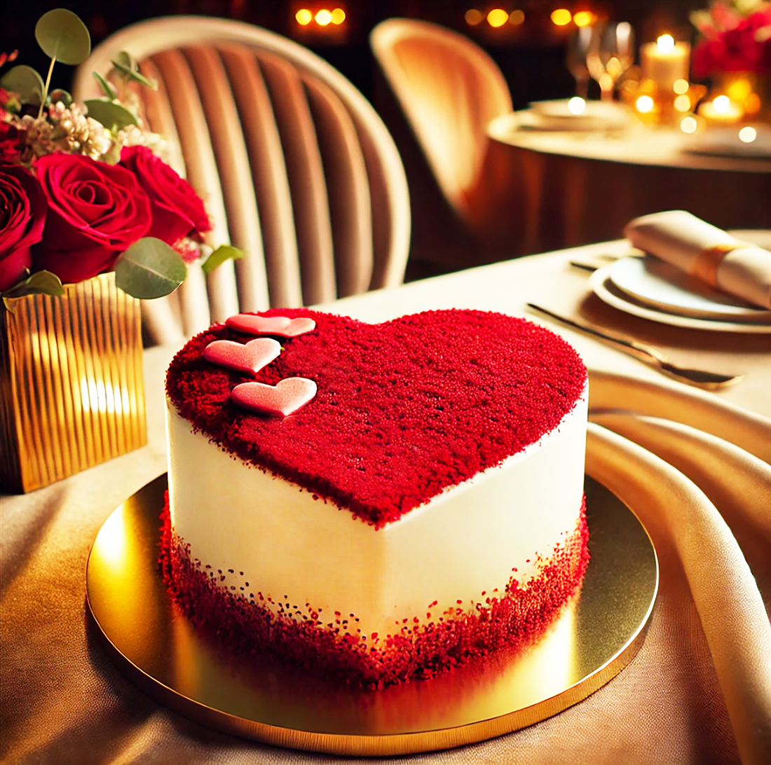 Flowers with cake, red roses with cake in a box