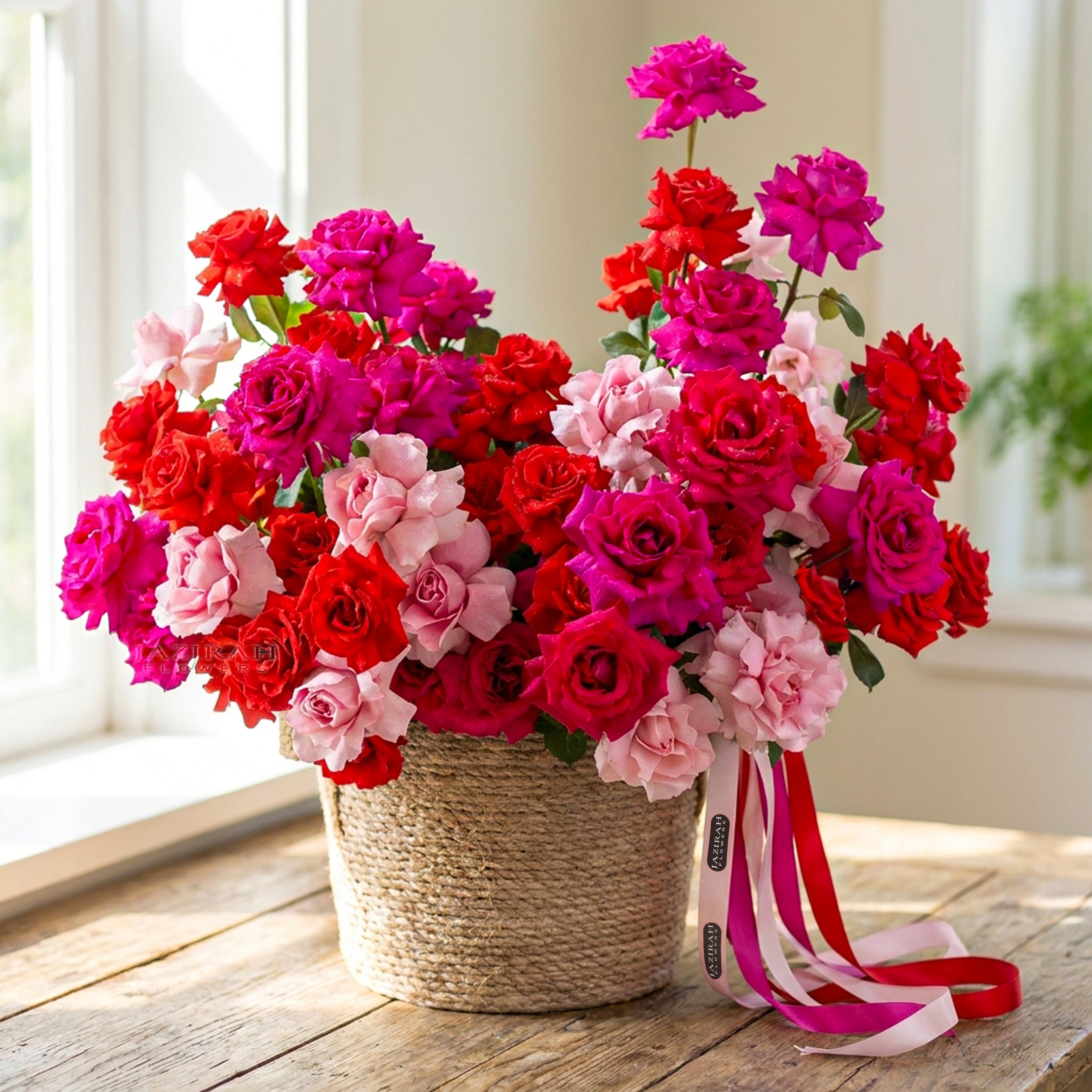 Luxurious Red, Pink, and Magenta Rose Basket | Vibrant Tri-Color Flower Arrangement