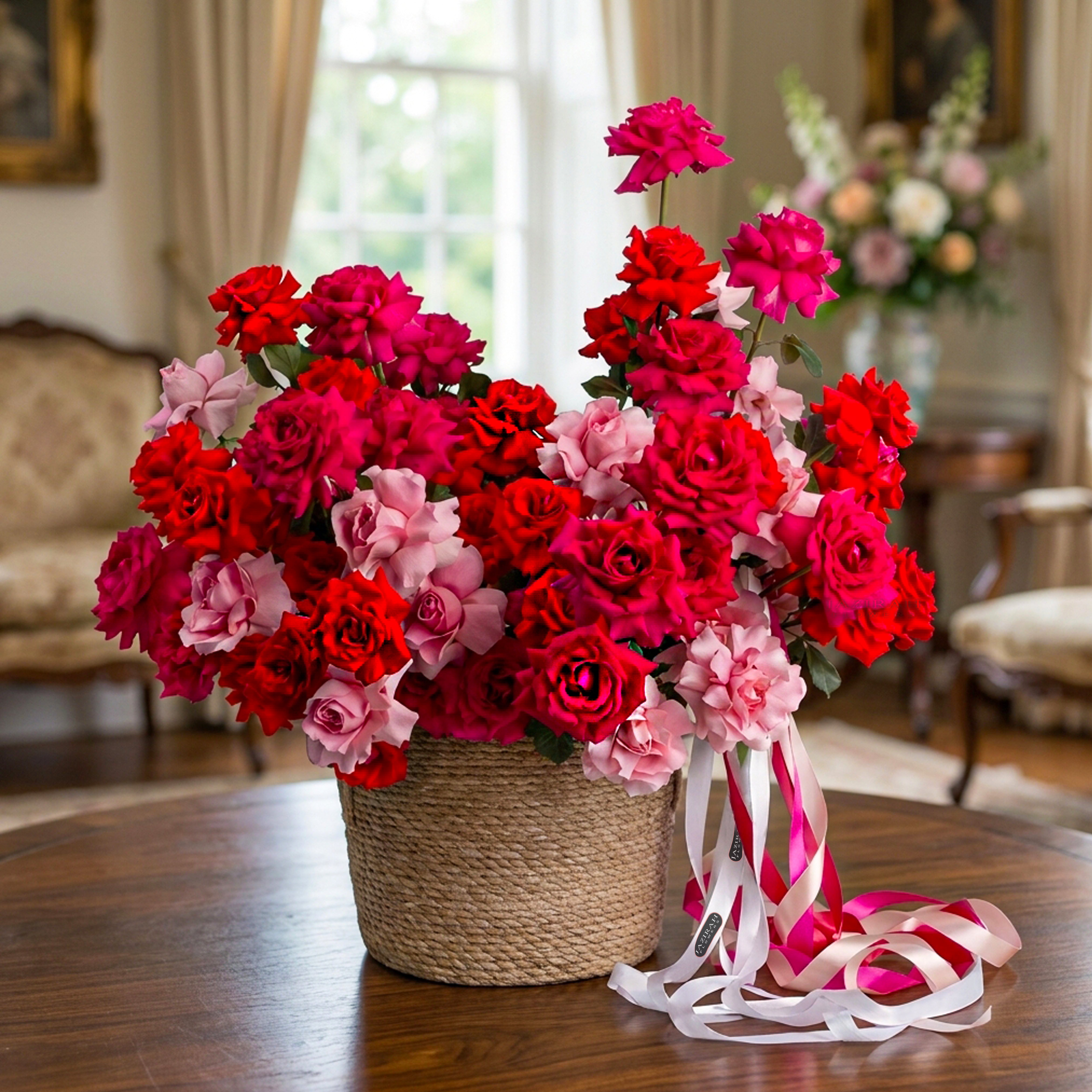 Luxurious Red, Pink, and Magenta Rose Basket | Vibrant Tri-Color Flower Arrangement