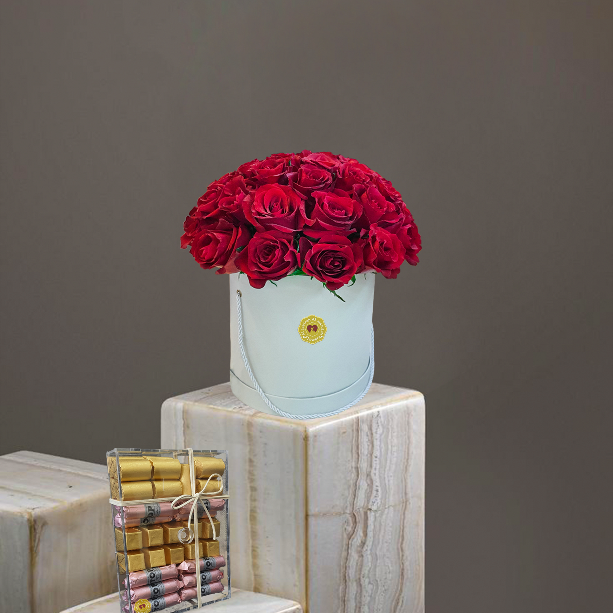 Fresh Red Roses box bouquet, red roses, box bouquet with a chocolate box