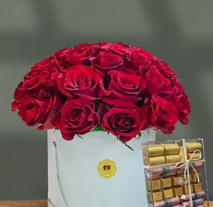 White box with red roses bouquet, red roses box
