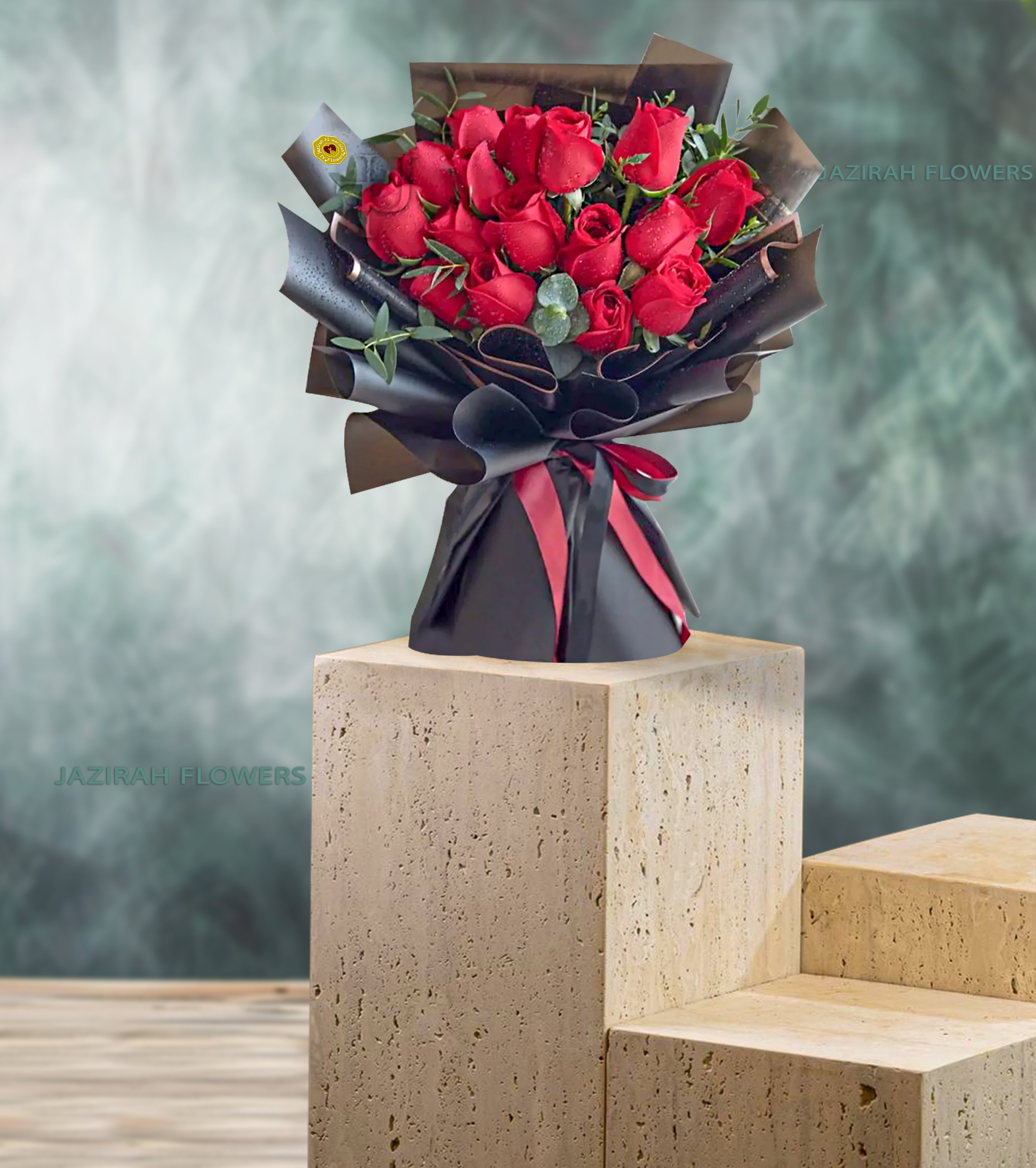 Red roses black wrapping bouquet for birthday