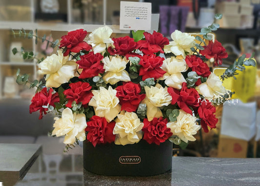 Elegant Red & White Roses in Luxury Leather Box – Fresh Flower Gift by Jazirah Flowers
