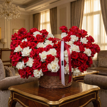 Royal Red & White Rose Symphony Basket | Fresh Hand-Picked Roses by Jazirah Flowers
