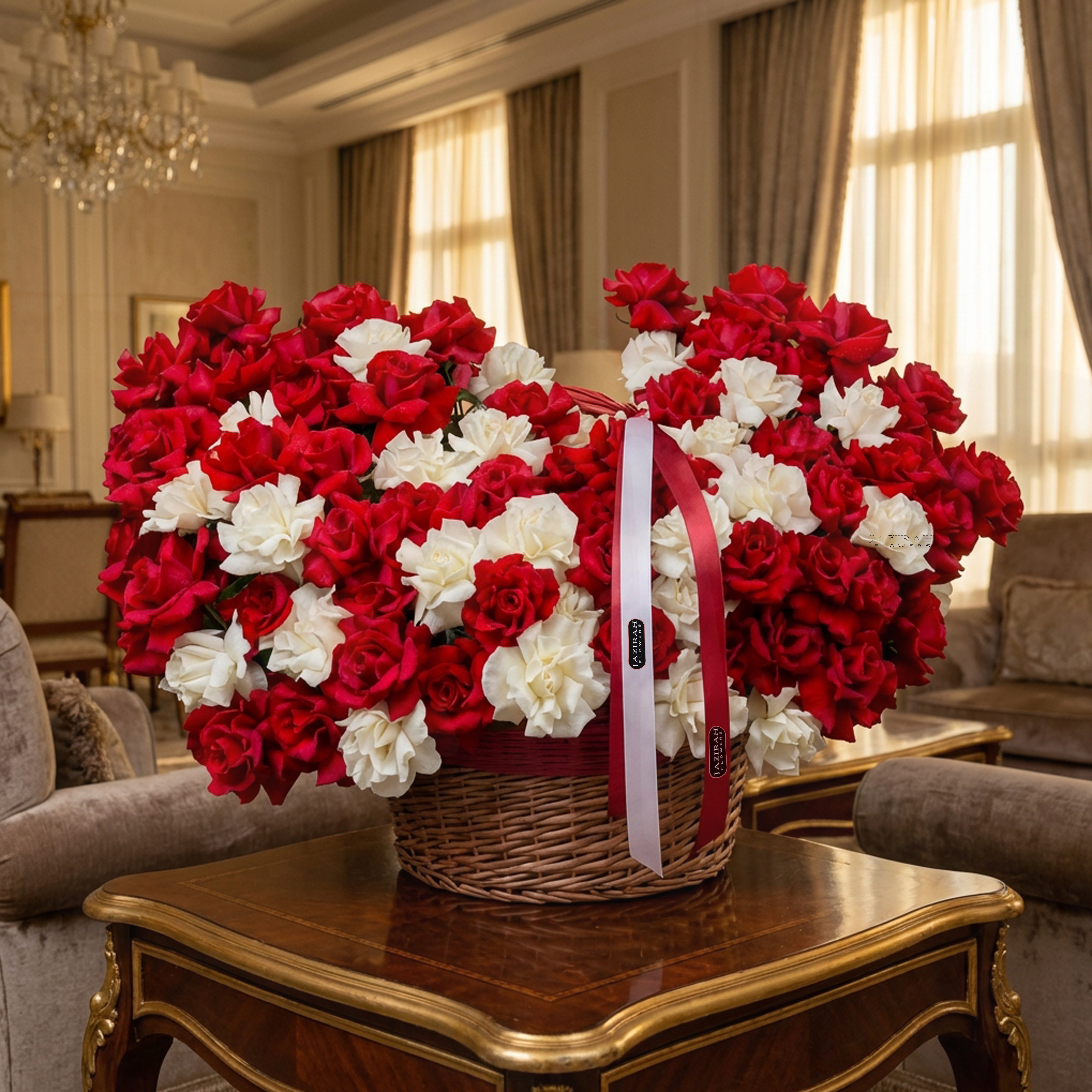 Royal Red & White Rose Symphony Basket | Fresh Hand-Picked Roses by Jazirah Flowers