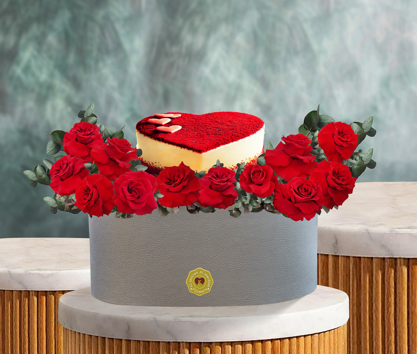 Flowers with cake, red roses with cake in a box