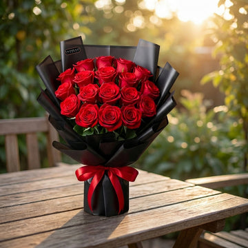 Fresh Red Roses Round Bouquet with Luxury Black Wrapping – Perfect for All Occasions