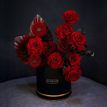 Luxury Red Roses & Red Gerbera Flower Arrangement in Black Box | Jazirah Flowers UAE