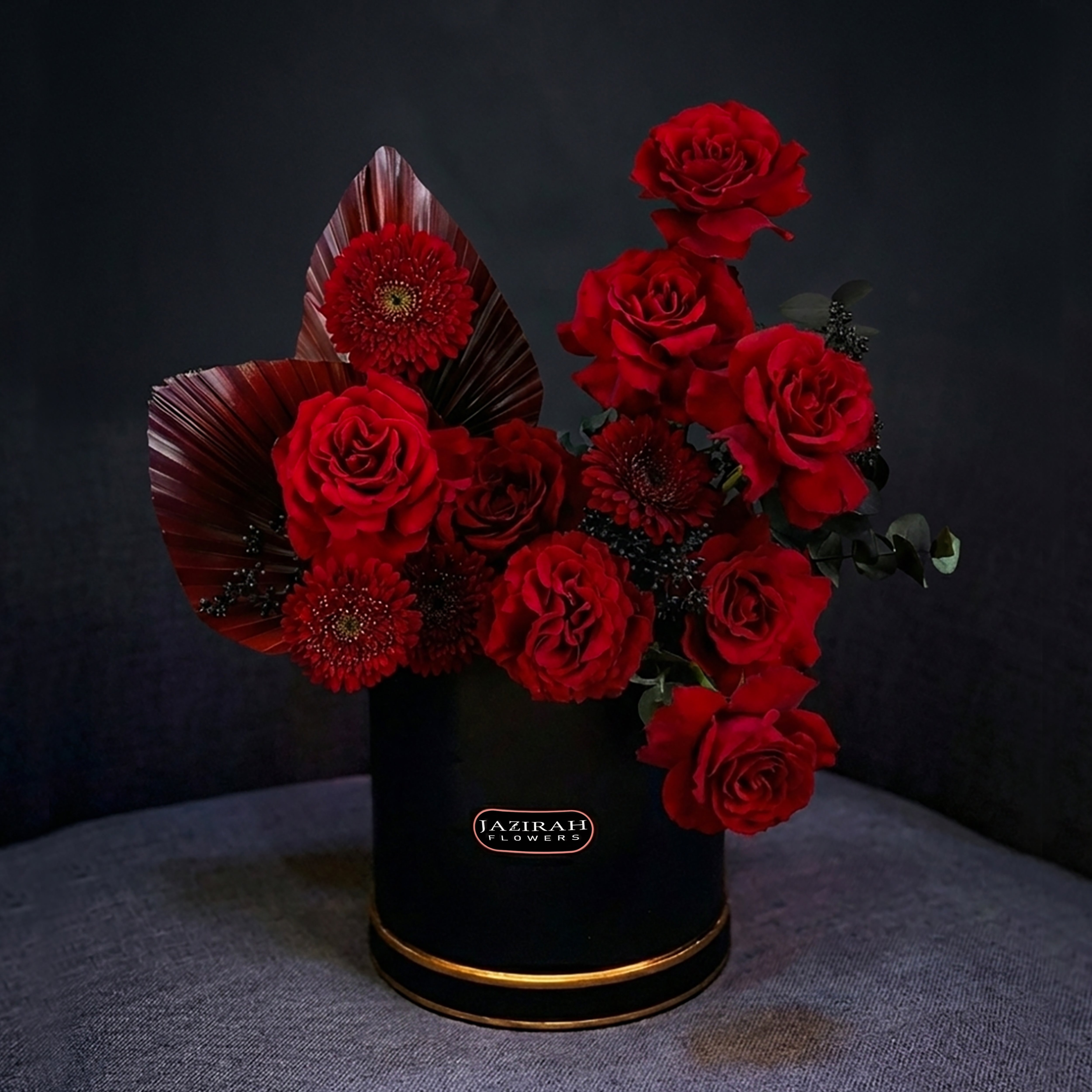 Luxury Red Roses & Red Gerbera Flower Arrangement in Black Box | Jazirah Flowers UAE
