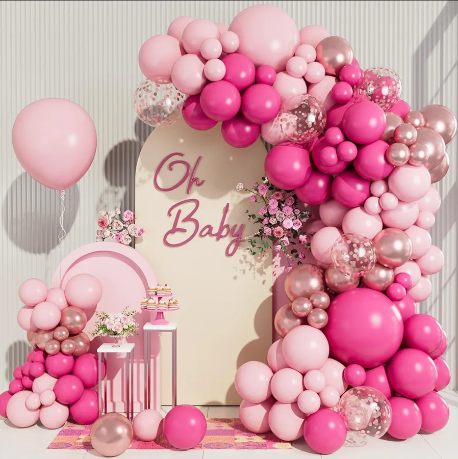 Premium Baby Shower Decor – Pink & Blue Balloon Arch with Floral “Oh Baby” Display