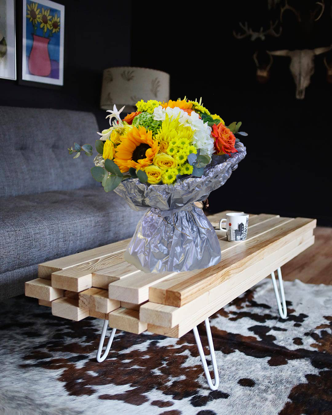 Wrapping bouquet with Sunflower, hydrangea, Chrysanthemum and rose