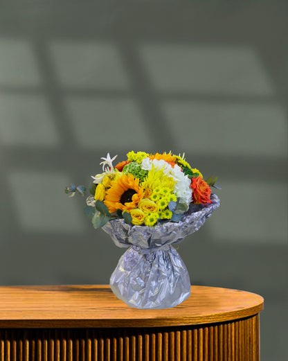 Wrapping bouquet with Sunflower, hydrangea, Chrysanthemum and rose