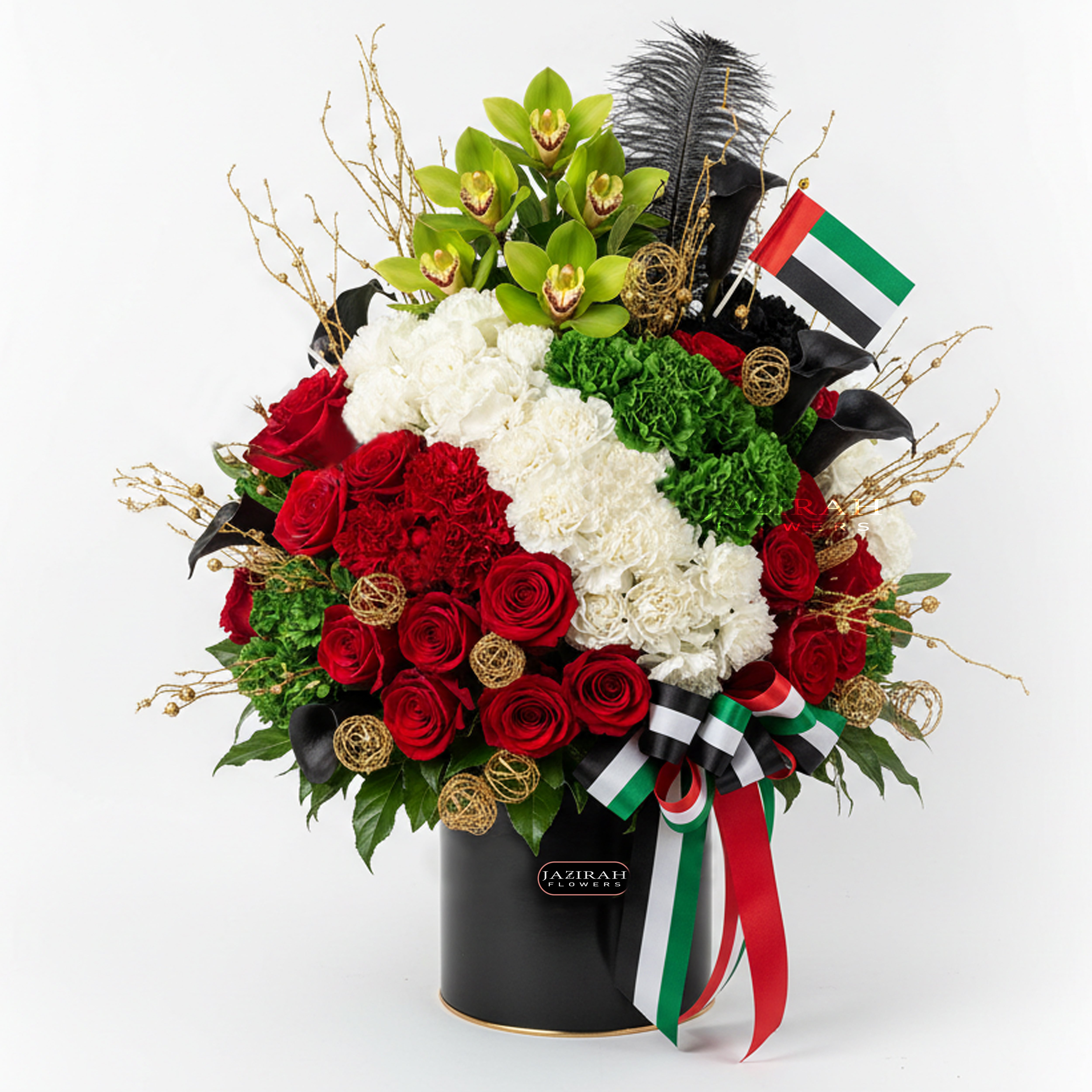 UAE National Day Flower Box Arrangement – Red, White, Green & Black Roses | Jazirah Flowers UAE