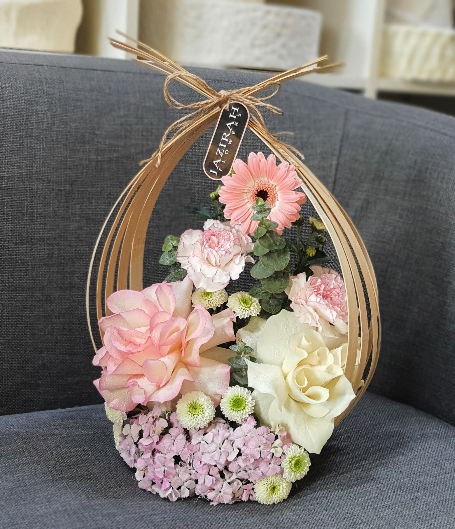 Elegant Pink & White Floral Basket Arrangement | Unique Bamboo Frame | Jazirah Flowers UAE
