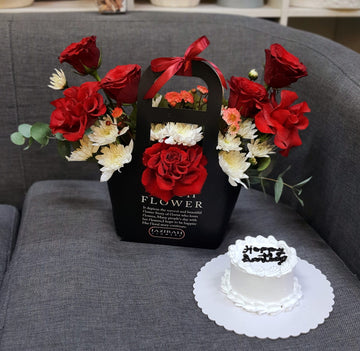 Luxury Red Roses Flower Bag with Cake | Romantic Gift Delivery in UAE