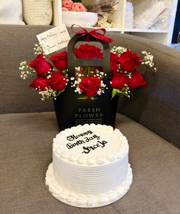 Cake with roses bag bouquet