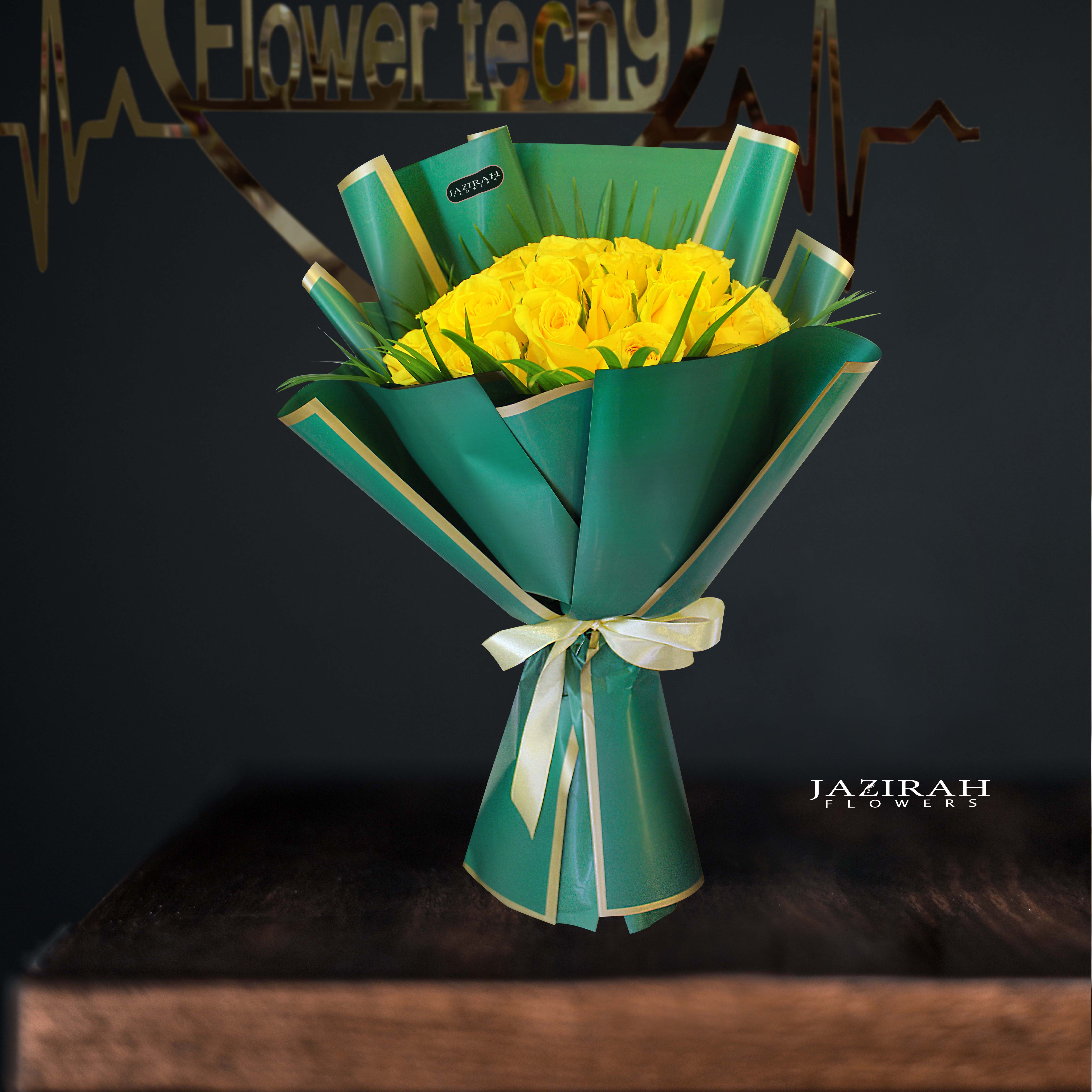 40 Yellow Roses Hand-Tied Bouquet in Elegant Green Wrapping