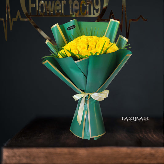 40 Yellow Roses Hand-Tied Bouquet in Elegant Green Wrapping