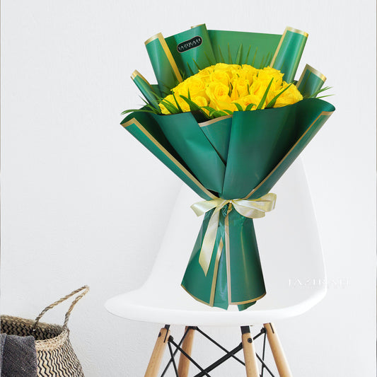 40 Yellow Roses Hand-Tied Bouquet in Elegant Green Wrapping