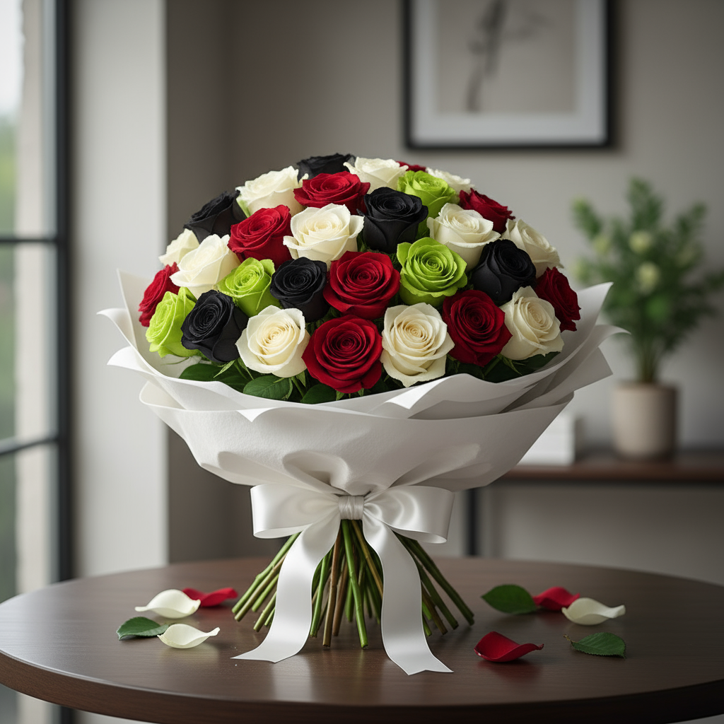UAE National Day Roses Bouquet | Red, White, Black & Green Roses