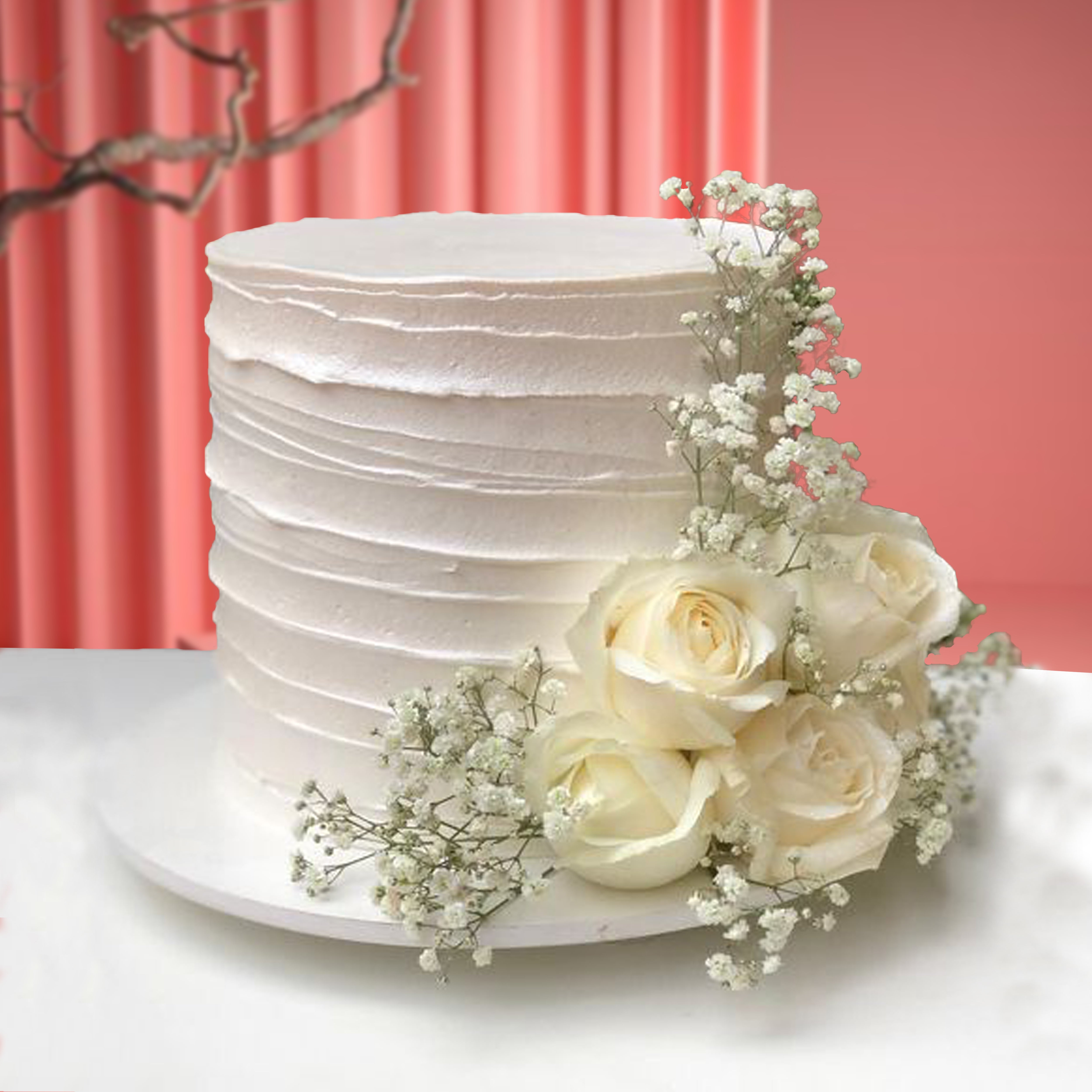 Elegant White Floral Cake with Fresh Roses – Luxury Celebration Cake UAE