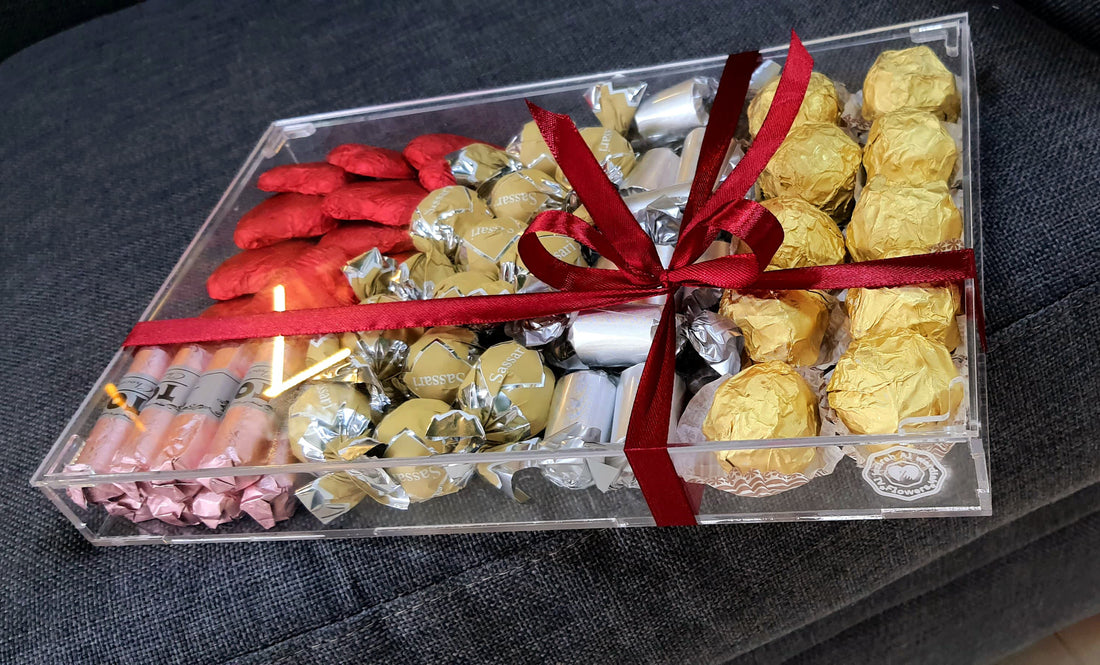 pink and white flowers bouquet, with Acrylic chocolate box