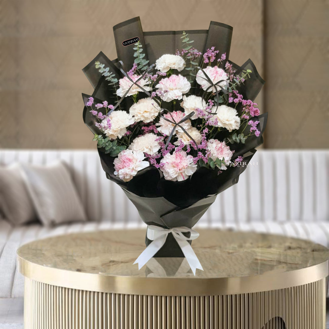 Elegant Pink & White Carnation Flowers Bouquet with Black Wrapping – Perfect Gift for Any Occasion