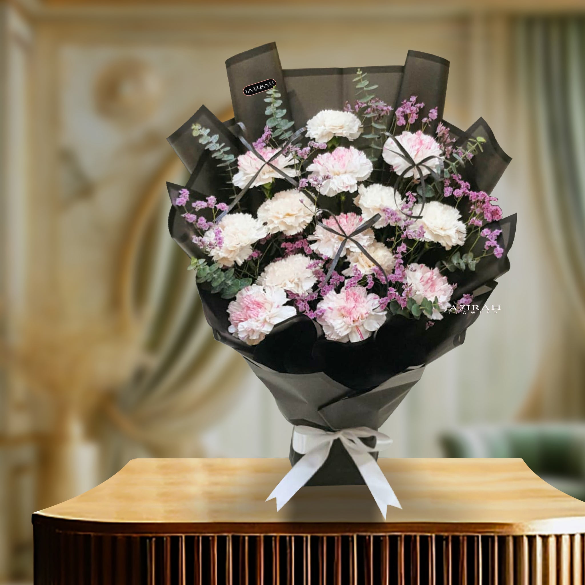 Elegant Pink & White Carnation Flowers Bouquet with Black Wrapping – Perfect Gift for Any Occasion