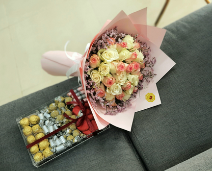 pink and white flowers bouquet, with Acrylic chocolate box