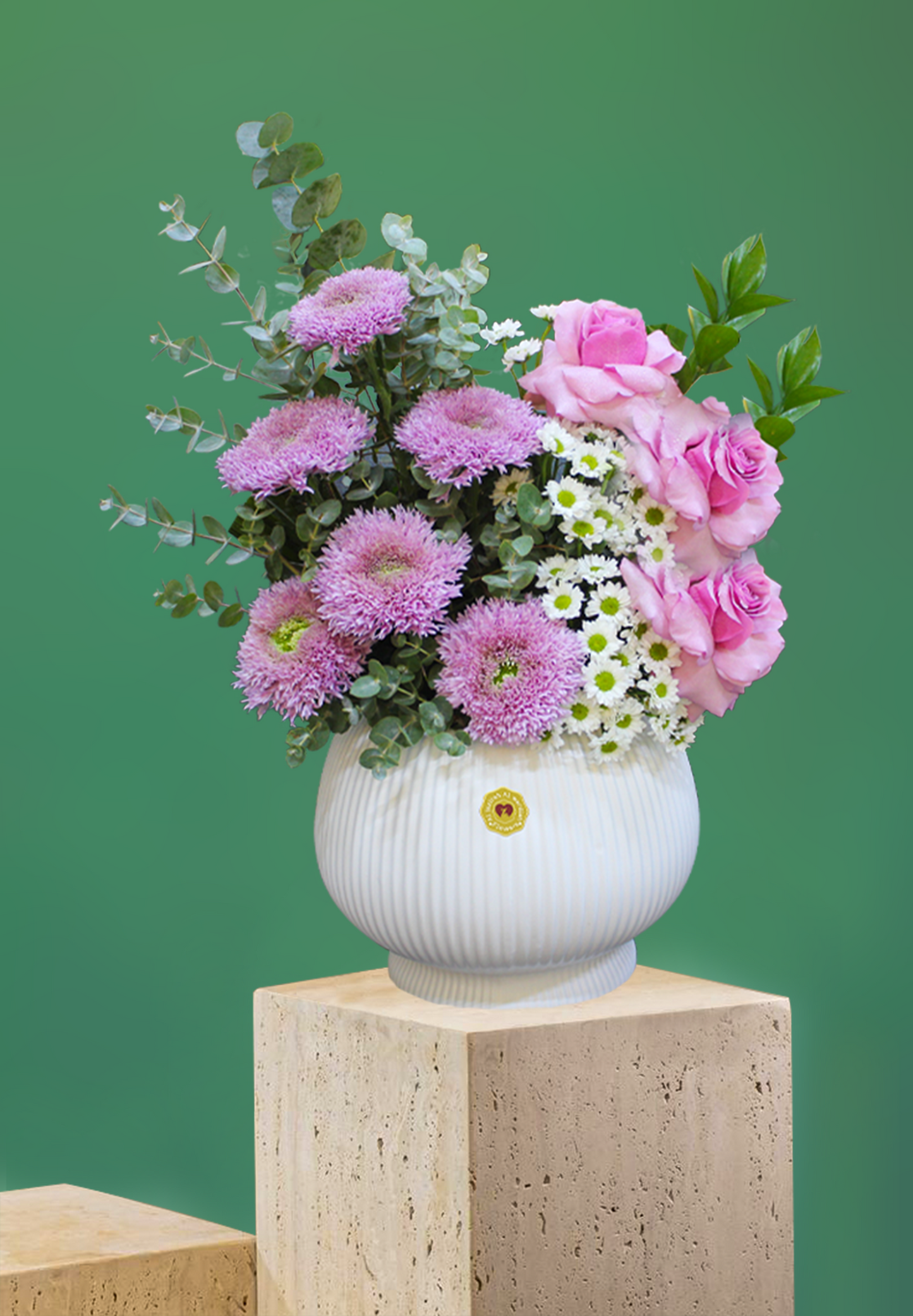 Flower bouquet arrangement with a vase