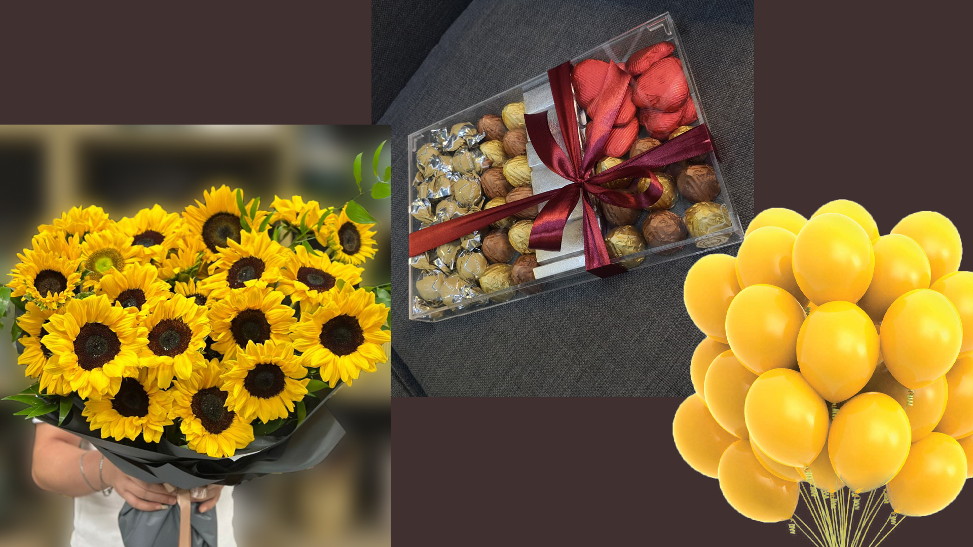 Sunflowers bouquet + Chocolate Box and balloons